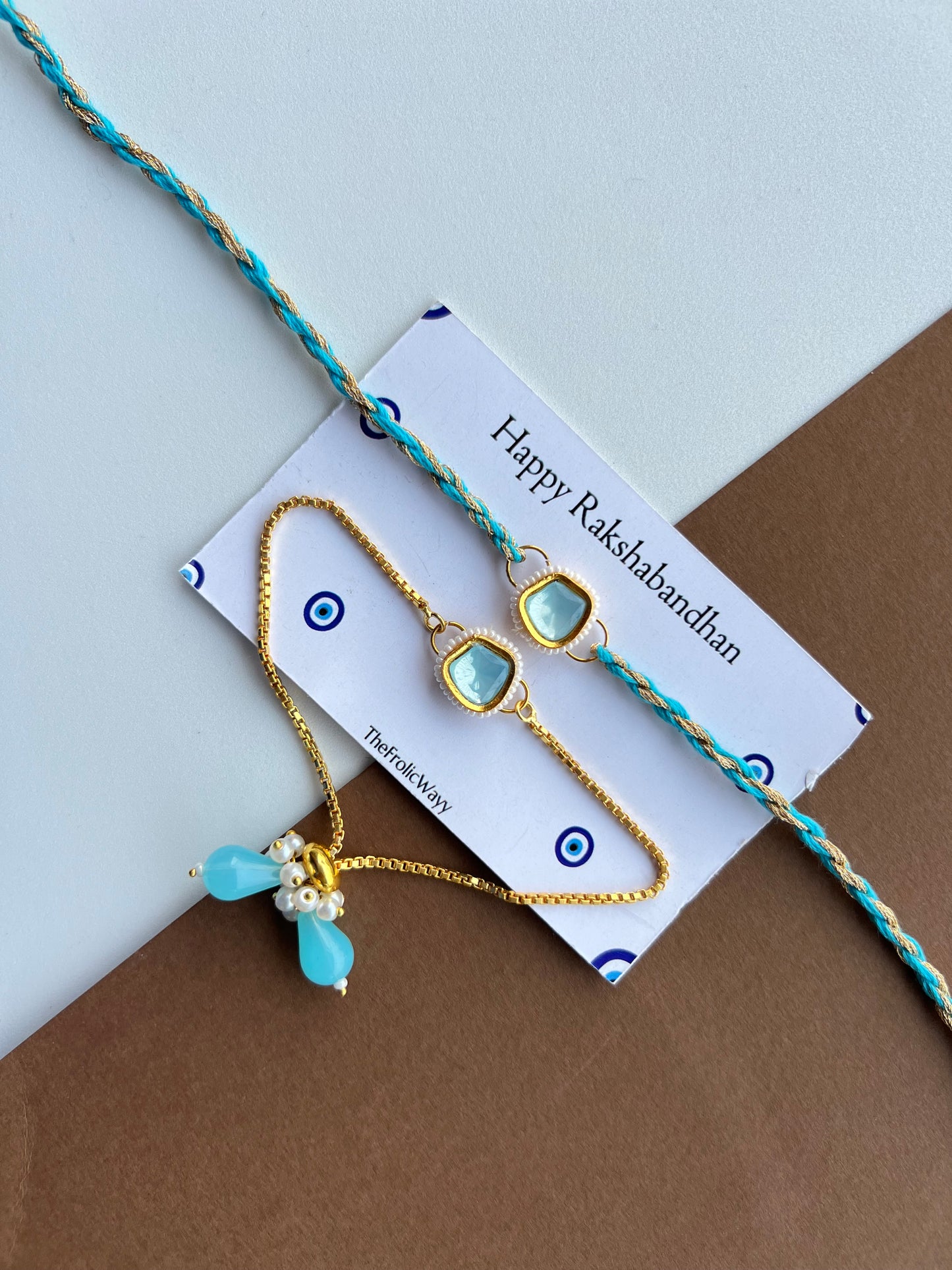 Blue Uncut Kundan Bhai Bhabhi Rakhi