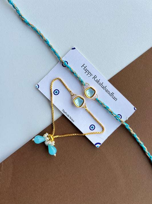 Blue Uncut Kundan Bhai Bhabhi Rakhi